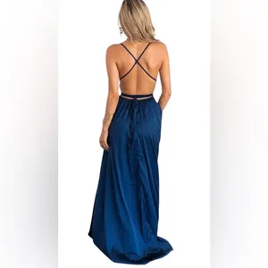 Elegant satin Navy backless Maxi Dress with 10 way back tie options thumbnail 2