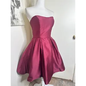 Betsy & Adam Satin Strapless Pleated Fit & Flare Cocktail Mini Dress Berry 6 thumbnail 2