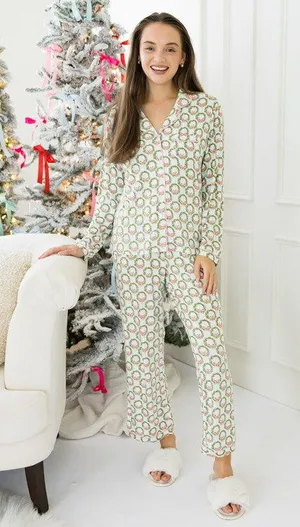 Mary Square Charlotte Long Sleeve Button-Up Pajama Top and Pants Set Deck The Halls thumbnail 1