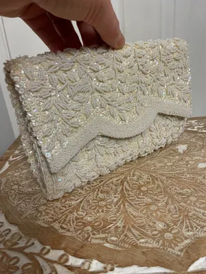 La Regale Beaded Ivory Sequin Envelope Clutch thumbnail 6