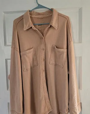aerie Oversized Button-Up Shirt Jacket in Light Taupe thumbnail 1