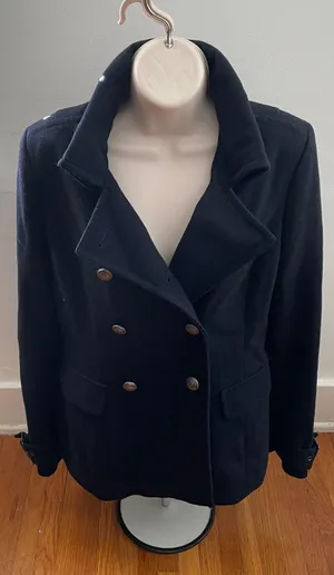 Navy Blue Wool Blend Double Breasted Pea Coat, size M thumbnail 1
