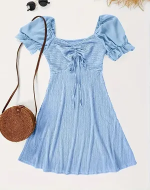 Light Blue Puff Sleeve Ruched Front Dress thumbnail 1