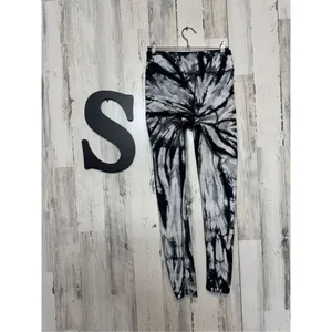 Black White Tie Dye Leggings small High Waist Stretch Yoga Athletic Pants thumbnail 4