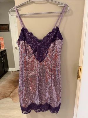 Wild Fable Women Sequin Slip Y2K Mini Dress S Purple Metallic Lace Sexy Glam thumbnail 2