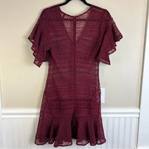 Marissa Webb Cybil Maroon Lace Flutter Sleeve Dress Size Small Sheer Lace Drama thumbnail 4