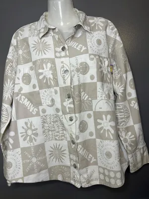 Smiley X H&M Shirt Womens Small Beige Smiley Face Graphic Twill Button Up thumbnail 2