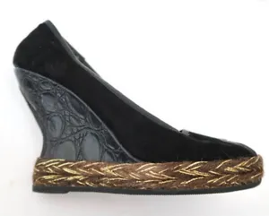 Hollywould Lexington Wedges Women 36 Black Suede Croc Peep Toe Platform Heels thumbnail 1