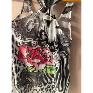 Vtg Y2K Papaya Sheer Striped Rhinestone Floral Animal Print Graphic Tank Sz S thumbnail 6