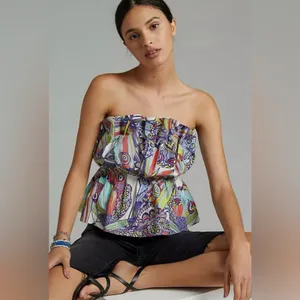 Anthropologie Diana Ruffled Smocked Strapless Tube‎ Top Abstract Print Size XS thumbnail 3