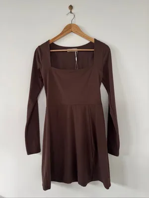 Qinsen Square Neck Long Sleeve Midi Dress in Chestnut NWOT thumbnail 2