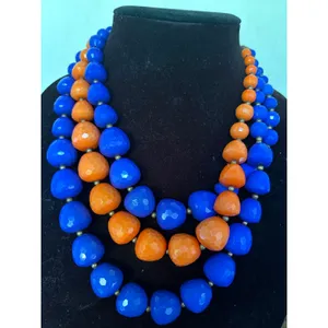 Triple Strand Chunky Bead Bib Necklace Blue Orange Florida Gators UF Faceted thumbnail 4