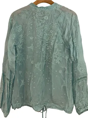 Johnny Was Women’s Size M Light Marine Blue Embroidered Drawstring Bomber Jacket thumbnail 8
