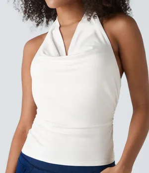 Halara Y2K Halter Cowl Neck Backless Ruched Casual Tank Top White Small thumbnail 1