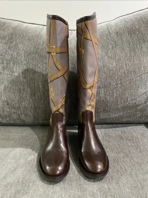 Tory Burch FELIX Riding Boots Brown Leather Equestrian Print Fabric Zip Size 5 thumbnail 4