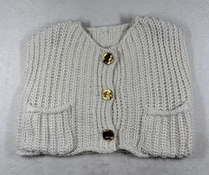 Cream Chunky Ribbed Knit‎ Cardigan Vest Gold Buttons Pockets Size L 9047 thumbnail 1