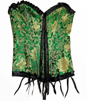 Vintage Corset 80s Floral Embroidered Lace Up Back Frill Trim Overbust Green S thumbnail 1