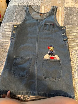 Vintage 90s Looney Tunes Denim Jumper Dress Tweety Sylvester Embroidered‎ dress thumbnail 1