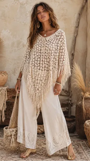 Vintage Cream Open Weave Crochet Knit Poncho Fringe Boho Chic Cottagecore thumbnail 1