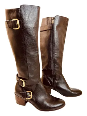 Isola Dark Brown Leather Riding Boots, Stacked Heels, Brass Buckles, size 9.5 thumbnail 1