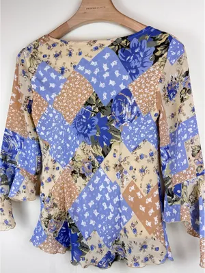Jonathan Martin Studio Y2K Floral Patchwork Bell Sleeve Blouse Blue Tan Size S thumbnail 10
