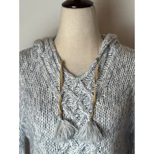 By Next Era Sweater Women Medium Blue White Cable Knit Hooded Pullover‎ Tassel thumbnail 7