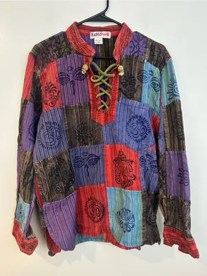 EzHippie Vibrant Stonewashed Patchwork Om/Ganesha Pullover HIppie Top Medium Red thumbnail 1