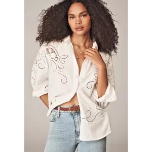 NWT By Anthropologie White Button Up Eyelet Blouse Floral Breezy Spring Size M thumbnail 3