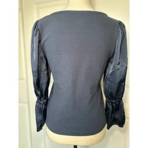 NWT Maeve Anthropologie Navy Ribbed Satin Tiered‎ Balloon Sleeve Top Size Small thumbnail 4