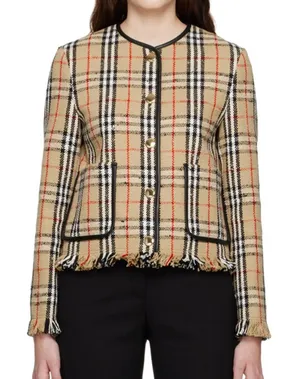 NWOT Burberry Beige Vintage Check Plaid Collarless Jacket Blazer in Tan Plaid thumbnail 1