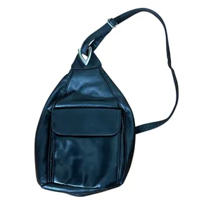 Black‎ Leather Like Sling Teardrop Backpack Silver V Hardware Adjustable Strap Black thumbnail 4