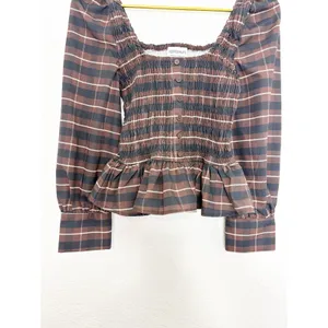 Peppermayo Joyce Long Sleeve Cotton Shirred Top Size 6 Chocolate Check Smocked thumbnail 10