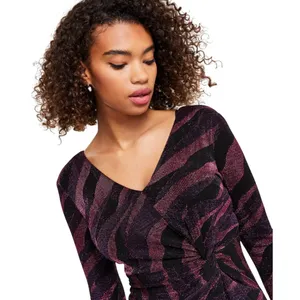 Siena Womens Metallic Side-Twist Long-Sleeve Dress SATN1869 Purple Multi 14 thumbnail 10