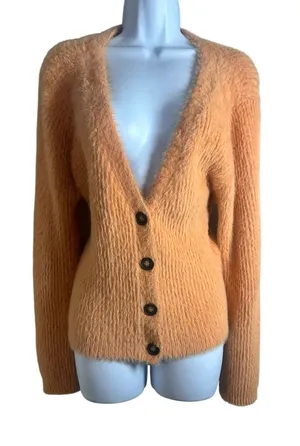 Lush Apricot Orange Eyelash Knit Fuzzy V-Neck Button Cardigan Size L thumbnail 1