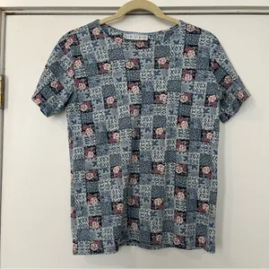 Y2K t-shirt floral checkered square blue gray maroon vintage small granny thumbnail 1