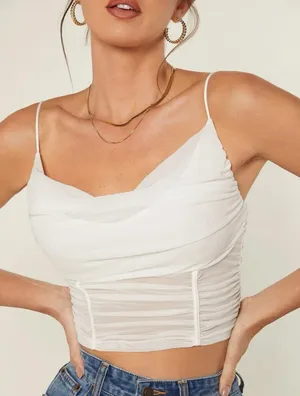 White Ruched Mesh Crop Top thumbnail 1