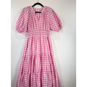 Entro Midi Dress Pink Tiered Gingham V Neck Puff Sleeve Smocked A Line Medium thumbnail 5