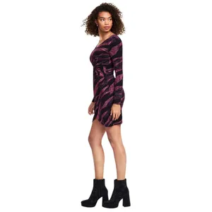 NWT Siena Metallic Side-Twist Long Sleeve Faux Wrap Mini Dress Purple Multi 8 thumbnail 3