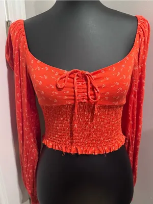 Urban Outfitters Orange Floral Smocked Tie-Front Long Sleeve Crop Top thumbnail 1