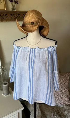 Girl krazy 100% cotton off shoulder coastal Beach boho stripe white blue top M thumbnail 1