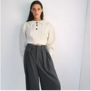 Zara Chunk Knitted Cream Crop Sweater S thumbnail 4