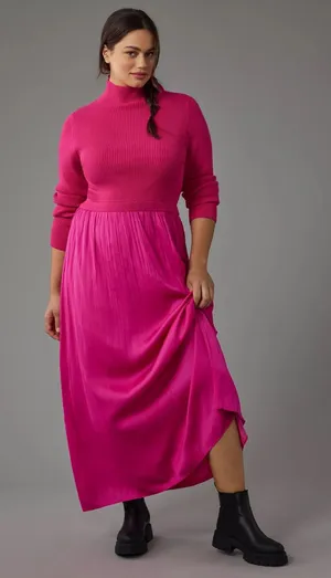 Anthropologie High-Neck Mockable Maxi Dress Fuchsia Knit dress & Pleated Skirt thumbnail 1