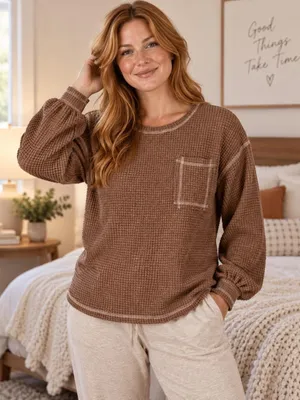 Brown Waffle Knit Long Sleeve Loungewear Pajama Top Medium thumbnail 1
