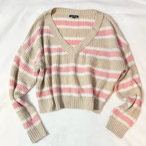 Wild Fable Tan Pink Stripe V Neck Sweater - Size: Medium thumbnail 1