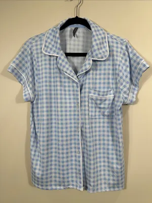 Jaclyn Intimate Blue White Gingham Plaid Stretch Pajama Sleep Shirt Large Pocket thumbnail 1