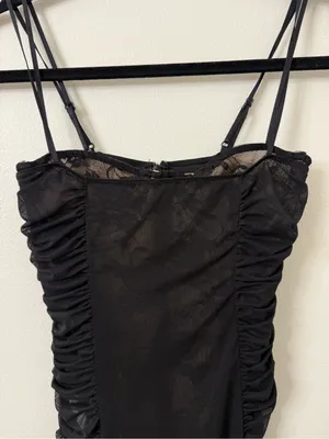 {XS} White Fox Black Ruched Slip Dress with Spaghetti Straps and Body Suit thumbnail 5