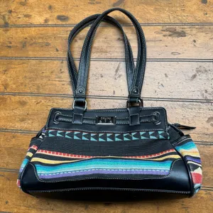 Chaps Black Faux Leather Woven Southwestern Multi Color Stripe‎ Shoulder Bag thumbnail 2