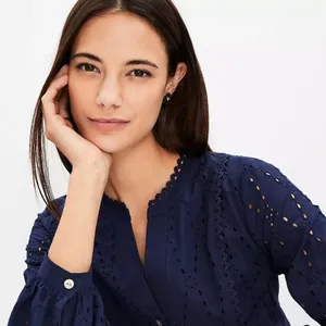 Loft Navy Blue Eyelet Button-Down Dress thumbnail 3