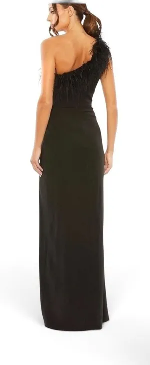 MAC DUGGAL NWT Black One Shoulder Feather Trim Gown, Size 6 ($398) thumbnail 1