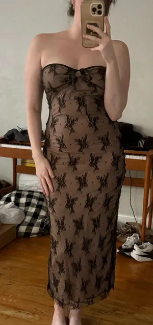 Strapless Black and Brown Lace Midi Dress thumbnail 1